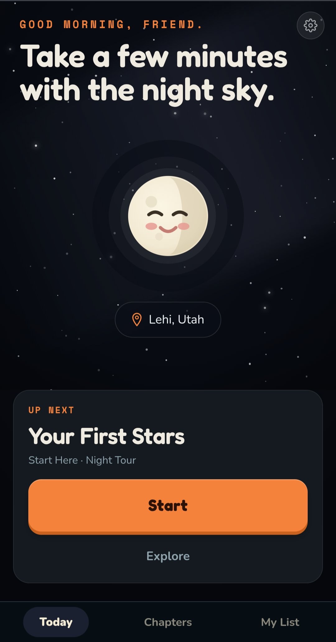 App screen: the home screen greeting the user with 'Take a few minutes with the night sky' and a Start button for tonight's tour.